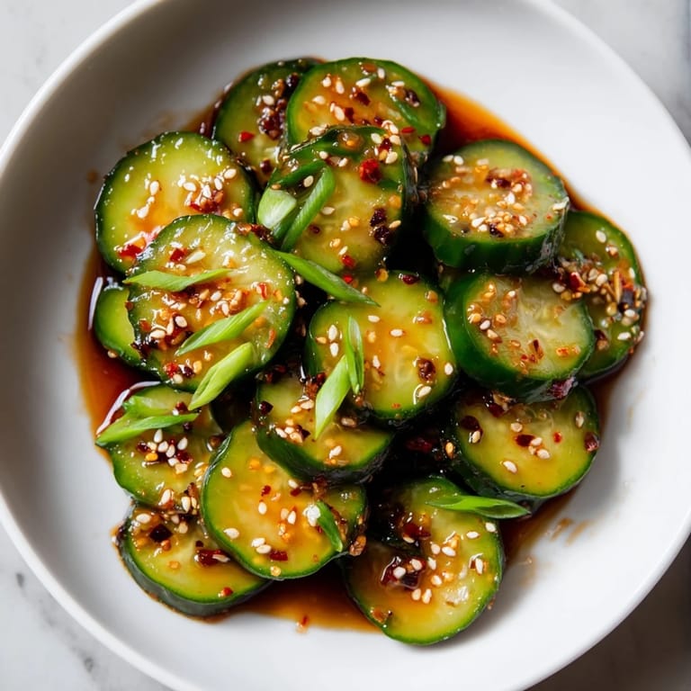 Close-up of freshly made Shake Shake Garlic Cucumbers – crunchy cucumbers doused in a soy-sesame dressing.