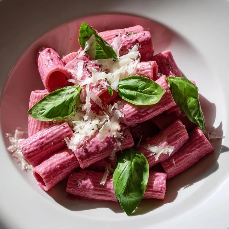 This pink pasta with beet cream showcases a rich, creamy sauce that clings to penne with deliciousness.