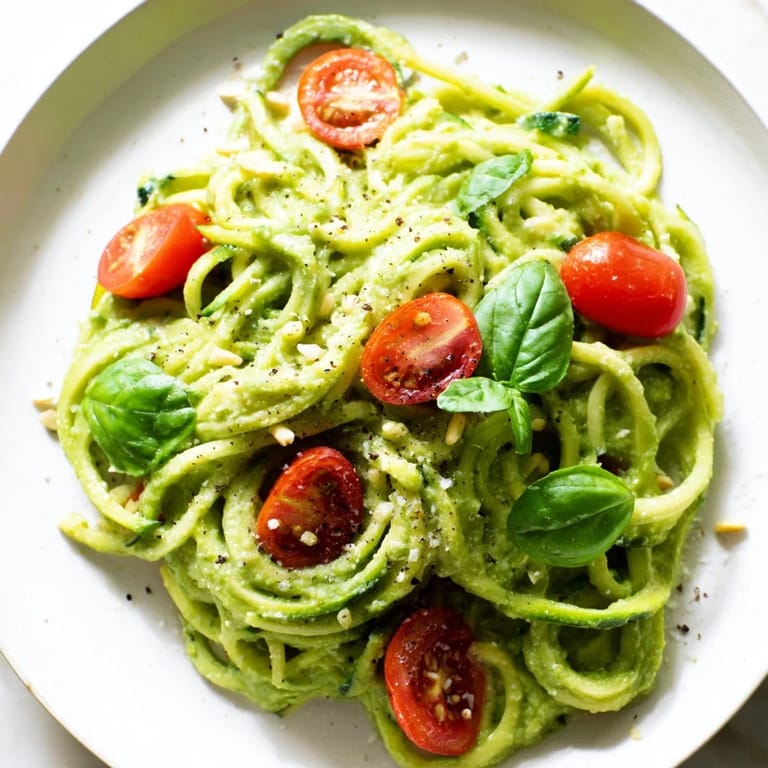 Enjoy a bowl of gluten-free avocado pesto zoodles, perfect with fresh basil garnish.