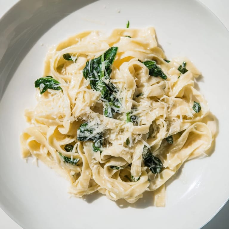 Steaming bowl of Creamy Garlic Spinach Pasta, highlighting tender noodles coated in a luscious sauce for an easy dinner.