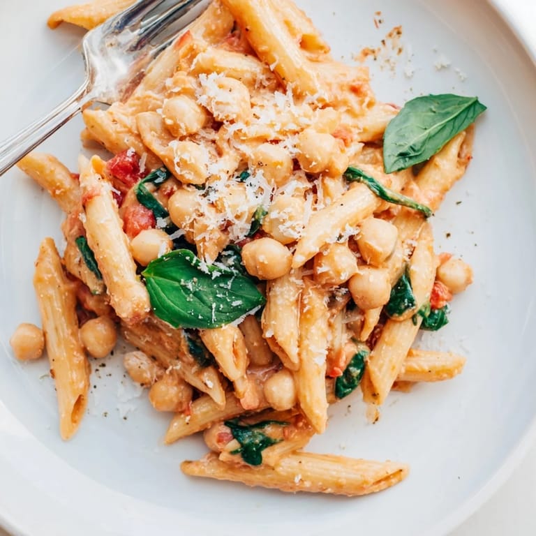 A hearty bowl of Tuscan chickpea pasta, garnished with fresh basil and parmesan.  