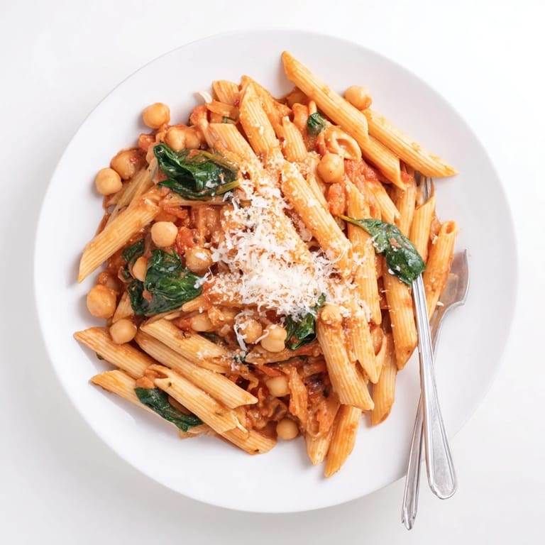 Close-up of creamy Tuscan chickpea pasta with wilted spinach and chickpeas in rich sauce.