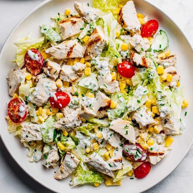 Overhead view of Ranch Chicken Chopped Salad showing tender chicken, corn kernels, shredded cheddar, and herbs, with creamy ranch dressing drizzled over the colorful mix.
