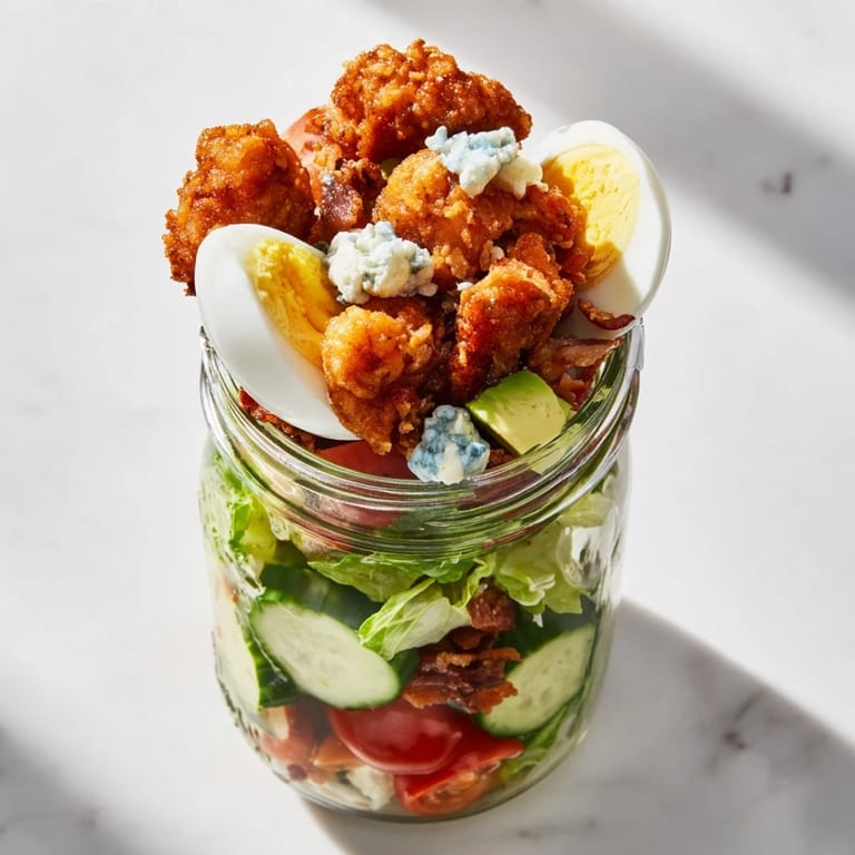 Golden Crispy Chicken Cobb Jar Salad with creamy blue cheese, cherry tomatoes, and cucumber stacked in a 16-ounce mason jar.  