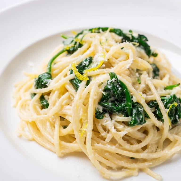 Steaming plate of Creamy Lemon Spinach Spaghetti with fresh spinach leaves and lemon zest garnish.