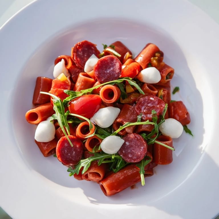 Spring Antipasto Pasta Salad is tossed with savory salami, pickled vegetables, and ripe cherry tomatoes for a vibrant picnic side.  