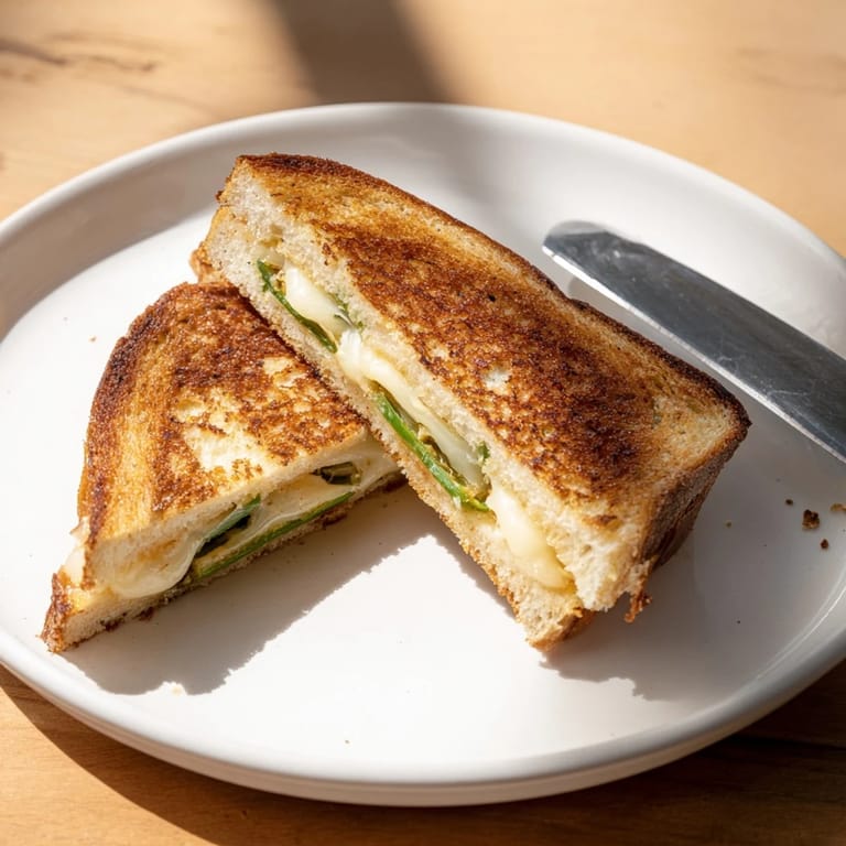 A close-up of Jalapeño Havarti Grilled Cheese, showing crispy sourdough with melted Havarti and vibrant green jalapeño slices.