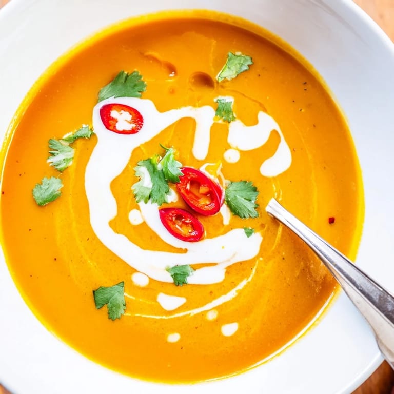 Warm Carrot, Celeriac, and Chilli Soup ladle from above, highlighting colorful garnishes and hearty vegan ingredients.