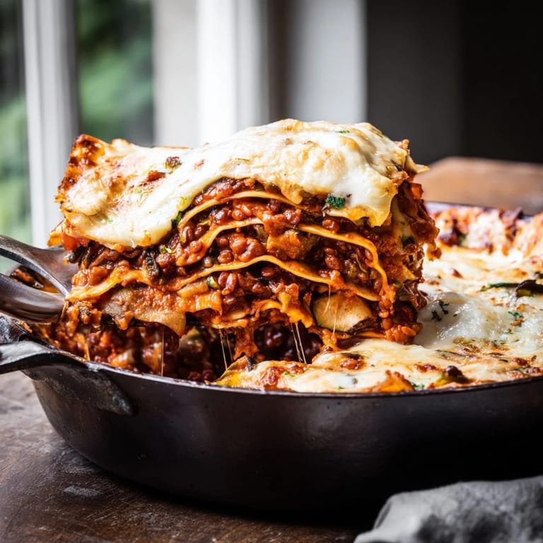 A hearty slice of One-Pan Smoky Veggie Lentil Lasagne reveals layers of rich béchamel and savory red lentil bolognese.  