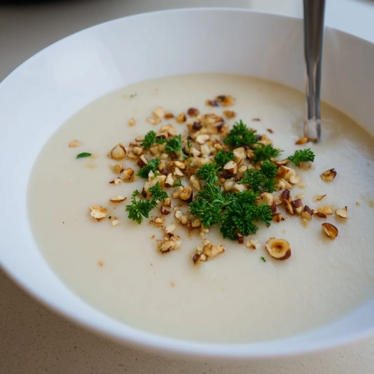 Earthy celeriac soup with smooth texture and golden hazelnut crumble, perfect for cozy vegetarian dinners in the U.S.