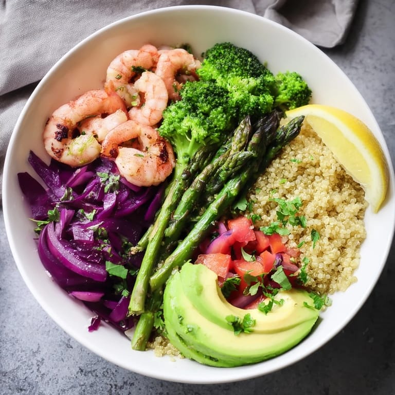 Freshly prepared Detox Buddha Bowl with Shrimp and Quinoa served in a rustic ceramic bowl, garnished with diced tomatoes and a lemon wedge on the side.