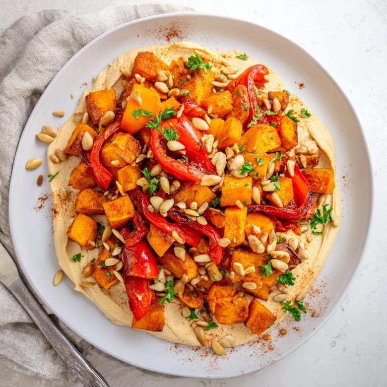 Served on a rustic plate, the Roast Squash and Hummus Winter Salad features colorful roasted vegetables, hummus, and crunchy seeds.