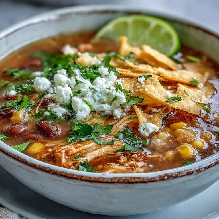 Homemade Chicken Tortilla Soup garnished with cotija cheese and creamy avocado slices, perfect for a family dinner.