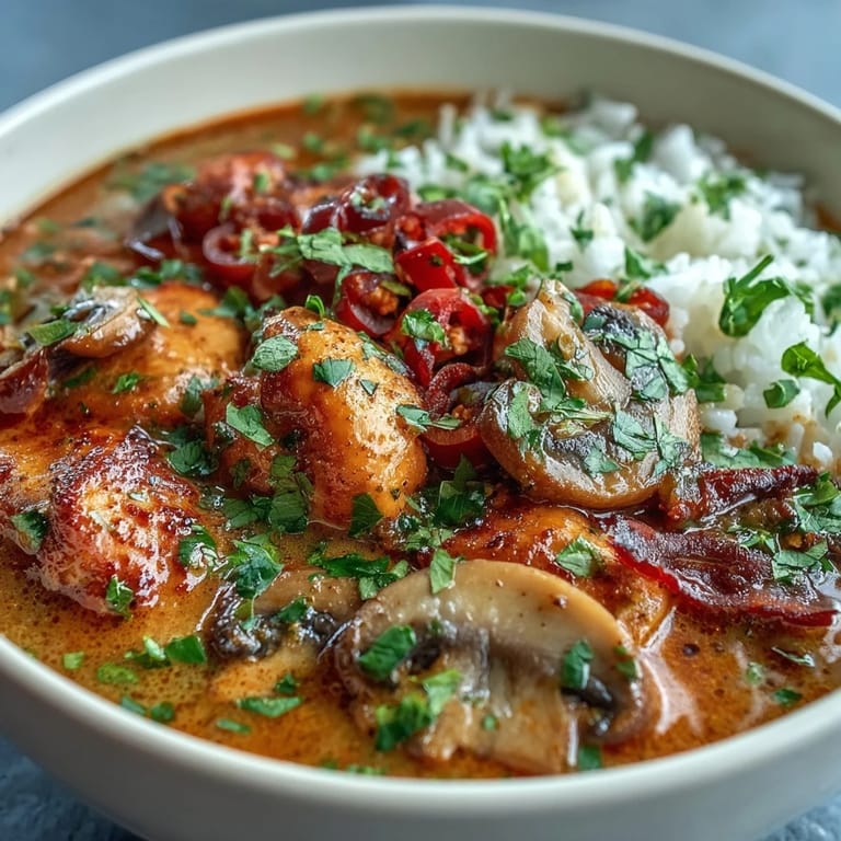 Steaming Thai Coconut Curry Soup in a rustic pot, featuring sautéed mushrooms and carrots in rich coconut milk with red curry paste.