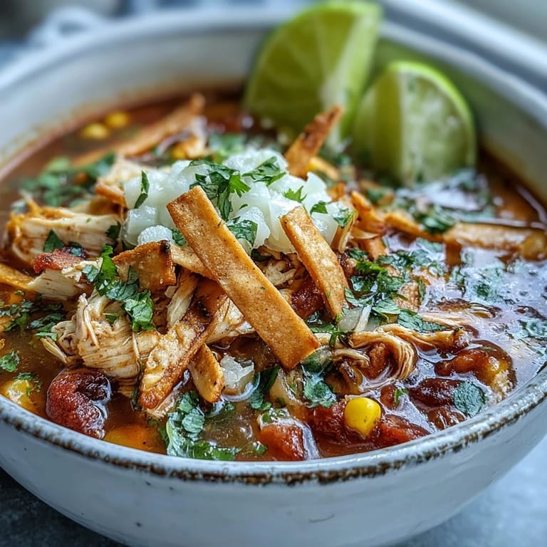 Creamy avocado slices and shredded cheese top the steaming Best Chicken Tortilla Soup in this close-up.