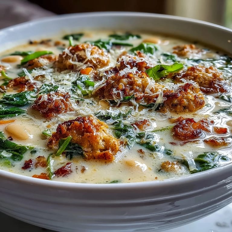 A hearty bowl of Creamy Tuscan White Bean Soup with Sausage features tender cannellini beans and crumbled sausage swimming in a velvety, herb-scented broth.