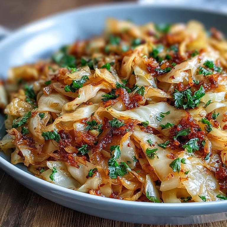 Tender slices of green cabbage and red onion tossed with garlic, cumin, and paprika, garnished with fresh parsley for a vegan side dish.