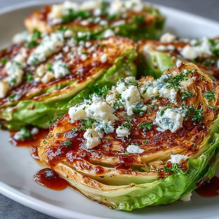 Thick slices of Crispy Cabbage Steaks With Feta and Balsamic topped with crumbled feta on a platter.