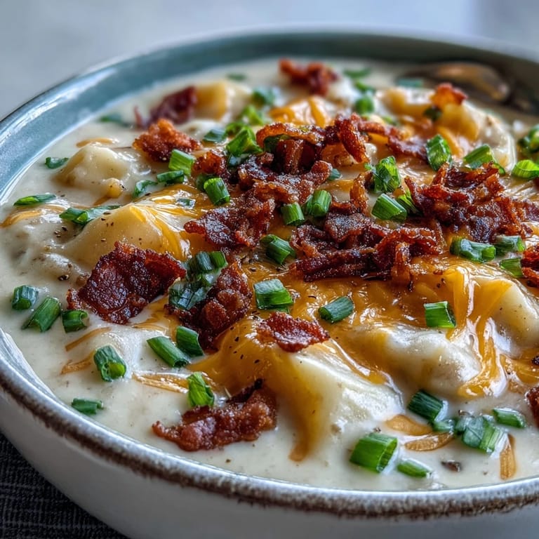 Velvety Loaded Potato Soup garnished with sliced green onions and extra cheese, a cozy, gluten-free American classic perfect for chilly days.