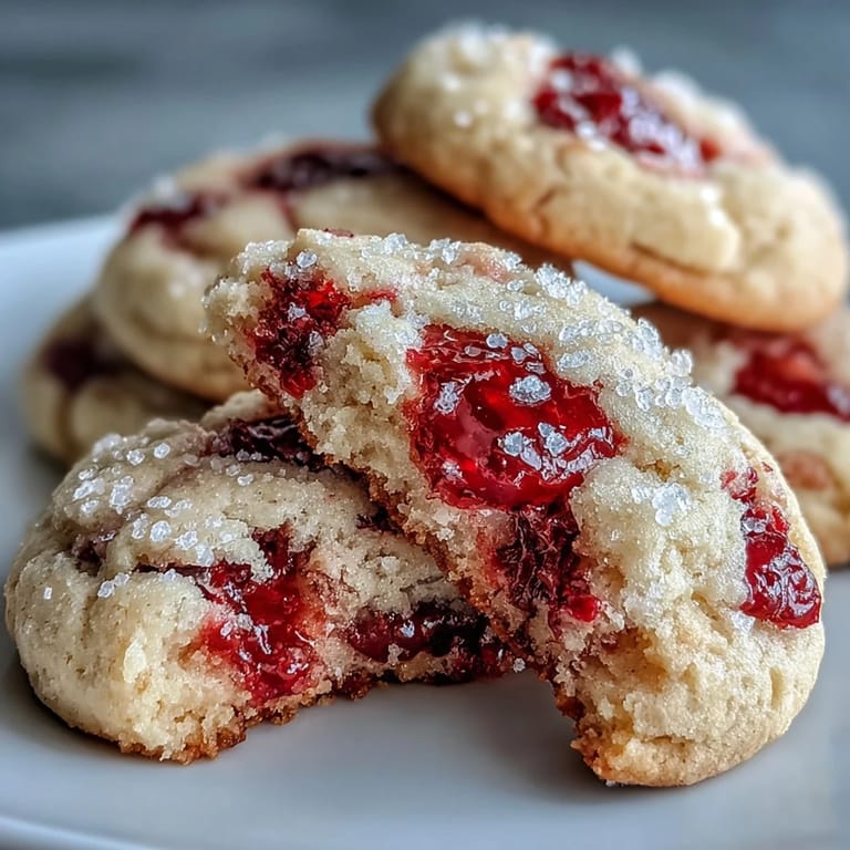 Fresh raspberries peek from Soft Chewy Raspberry Sugar Cookies, paired with milk for a classic American dessert snack.