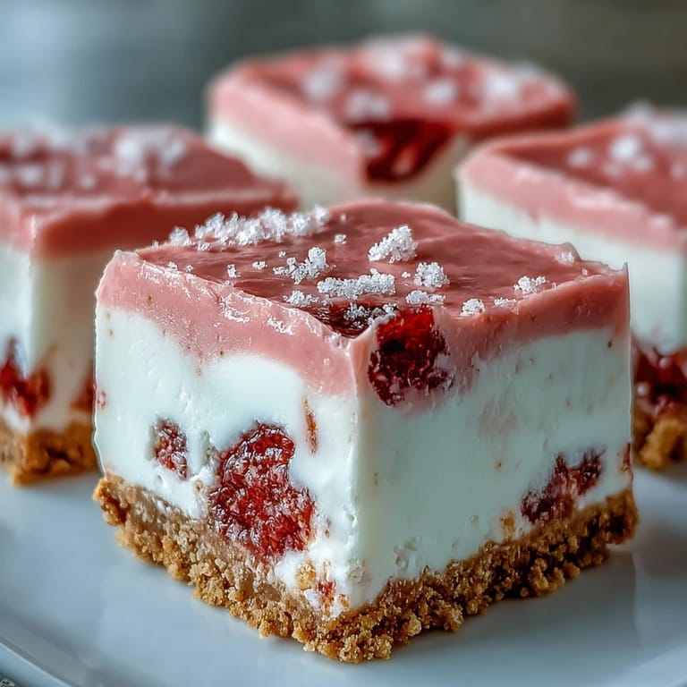 Stack of graham crusted No-Bake Strawberry Fudge Squares with a soft fudgy texture and vibrant pink hue ready for a sweet dessert serving.