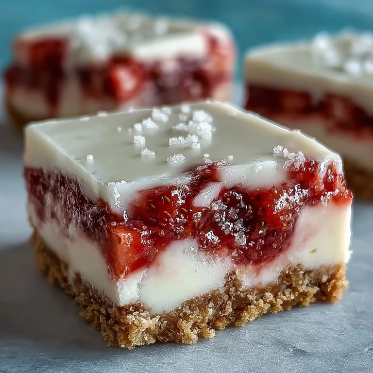 Hand lifting a wedge of No-Bake Strawberry Fudge Squares, revealing white chocolate and strawberry filling on a crunchy biscuit base.
