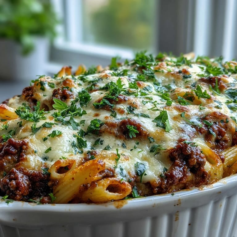 Spoon serving Cottage Cheese Protein Pasta Bake with ground beef from a 9x13-inch baking dish, paired with fresh basil leaves.