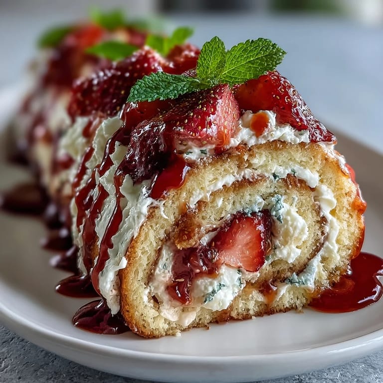 A single Strawberry Shortcake Sushi Roll round highlights thin crepes wrapped around airy sponge cake and jewel-toned strawberry slices.