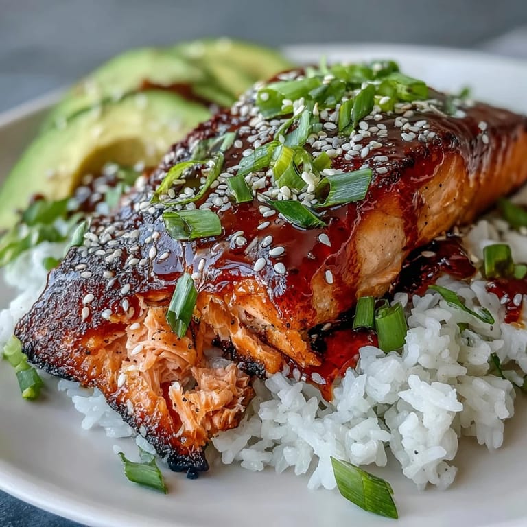 A close look at a juicy, pan-fried Honey Sriracha Salmon fillet, flanked by jasmine rice and colorful, fresh vegetables.