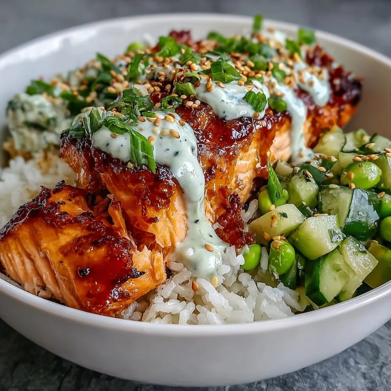 Spicy bang bang sauce drizzled over tender salmon and fresh salsa in a rice bowl.