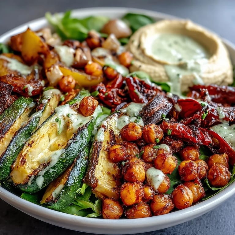 Healthy Vegan Mediterranean Buddha Bowl topped with Kalamata olives, hummus dollops, and vibrant roasted vegetables on a bed of mixed greens.