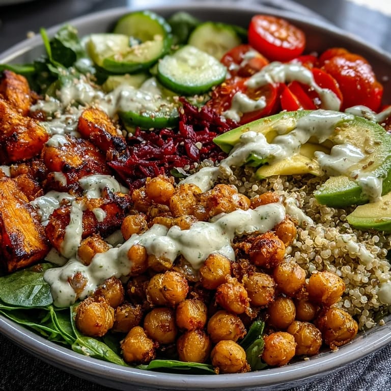 Vibrant fresh veggies including avocado and cherry tomatoes top this hearty gluten-free Buddha Bowl, perfect for a healthy lunch.