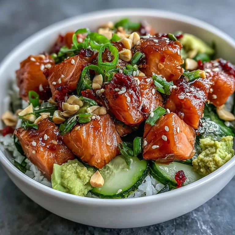 A close-up of a vibrant Avocado Salmon Bowl featuring spicy wasabi, crunchy peanuts, and fresh cucumber on a warm rice base.