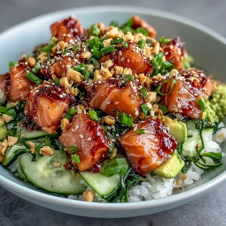 Delicious Avocado Salmon Bowl topped with tamari-marinated salmon, avocado, sesame seeds, and nori strips, served with lime wedges for a zesty finish.