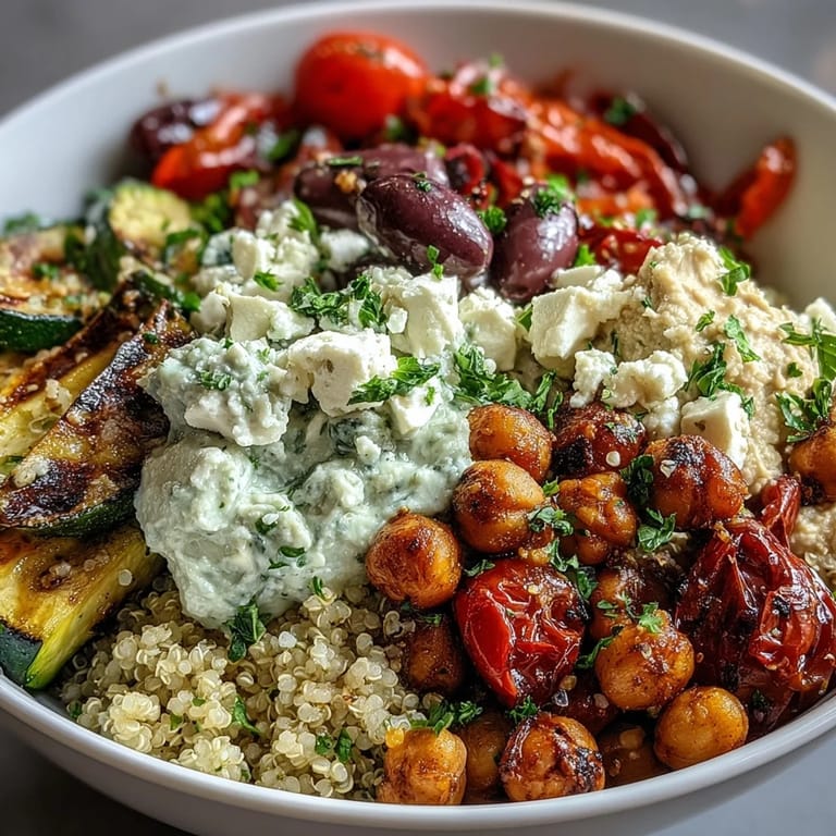 Enjoy a Mediterranean Buddha Bowl with zucchini, red peppers, and onions, garnished with fresh parsley and ready to serve.