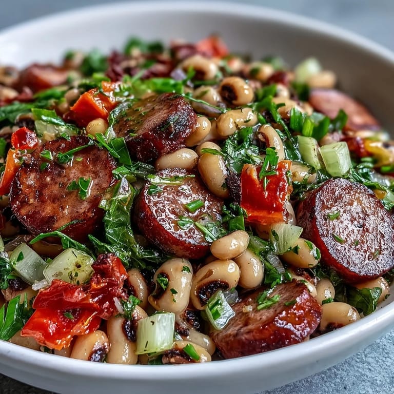 Savory Hoppin John Style Black-Eyed Pea Salad with turkey sausage and red bell pepper served on a white plate with dressing.