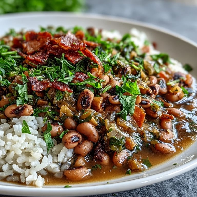 Warm bowl of Southern Hoppin' John featuring tender peas and bacon, with a side of cornbread on a rustic wooden table.