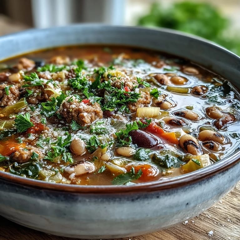 Rustic bowl of Black-Eyed Peas and Sausage Soup topped with fresh parsley and Parmesan cheese.
