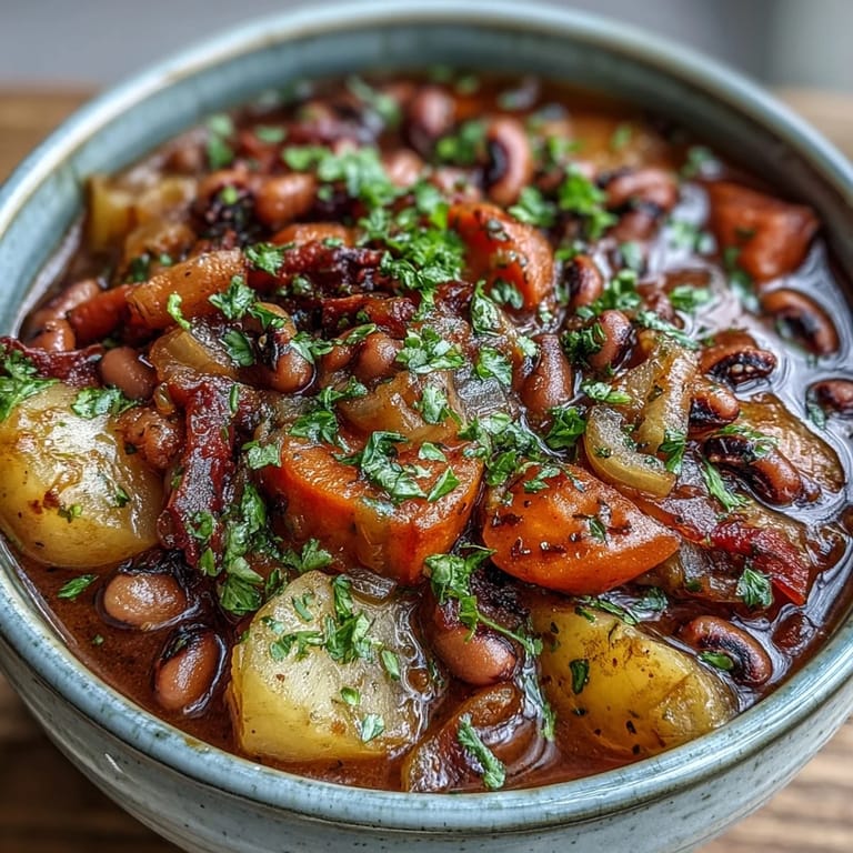 Black-Eyed Pea Stew with Chefs Touch simmering in a pot, revealing tender potatoes, carrots, and tomatoes in a savory tomato broth.