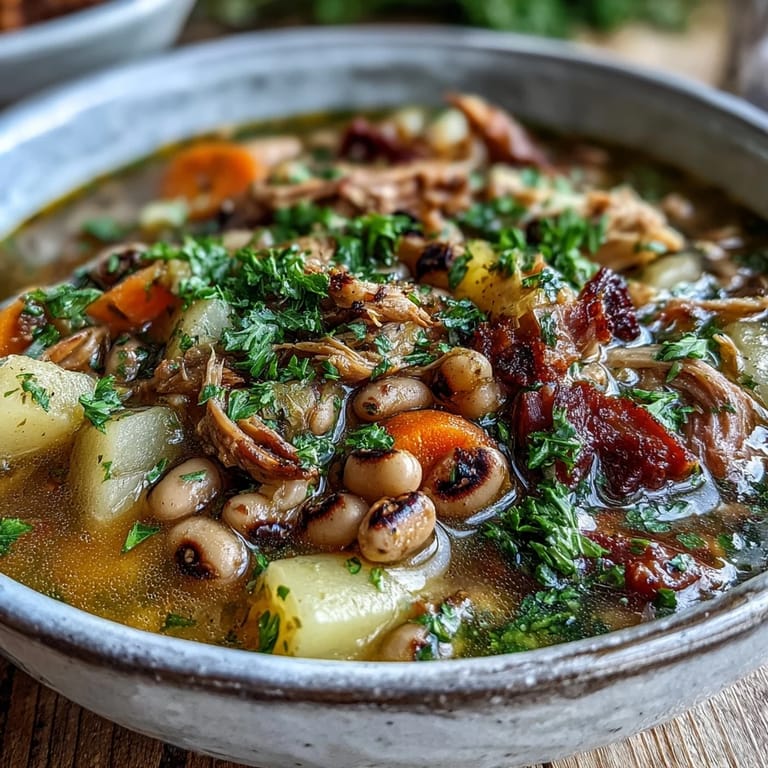 Bowl of Southern Black-Eyed Pea Stew with Smoked Ham Hocks, featuring tender vegetables and a rich, savory broth.