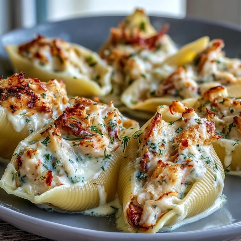 Ladle of rich Parmesan cream sauce poured over stuffed pasta shells with fresh herbs garnish.