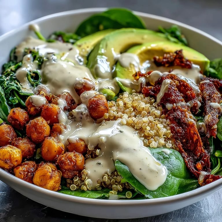 Hearty Anti-Inflammatory Glow Bowl with golden roasted sweet potatoes, crispy chickpeas, fluffy quinoa, and fresh avocado, drizzled with creamy tahini yogurt sauce.