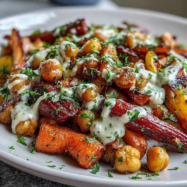 A close-up of the One-Pan Roasted Carrot and Chickpea Bowl drizzled with creamy lemon-tahini dressing and garnished with fresh parsley on a bed of fluffy quinoa.