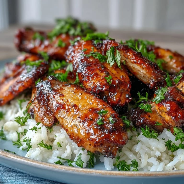 Crisp Oven-Baked Honey Garlic Chicken Wings & Rice plated with a side salad and iced tea, perfect for an easy weeknight meal.