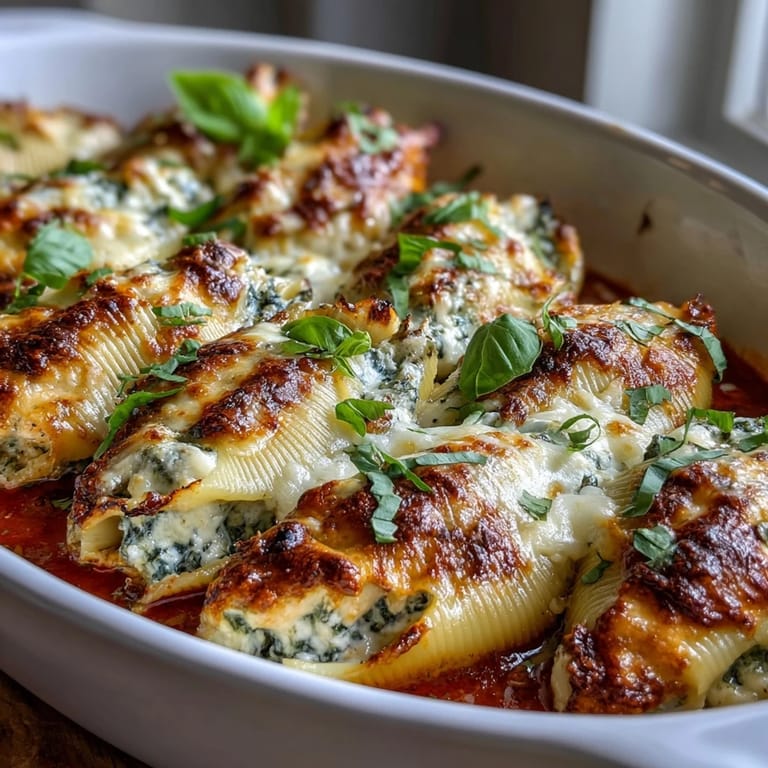 Tender jumbo pasta shells are filled with creamy ricotta and pesto chicken.