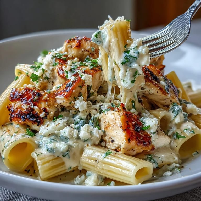 Tender chicken and penne tossed in Creamy Lemon Feta Chicken Pasta, garnished with lemon zest and Parmesan.