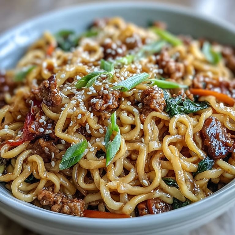 Ready-to-serve Korean Turkey Fried Noodles garnished with spring onions and sesame seeds.