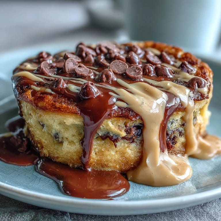 Freshly baked Peanut Butter Cup Protein Pancake Bowl topped with melted chocolate chips and sliced banana for a decadent high-protein breakfast.