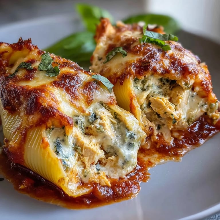 Twelve Jumbo pasta shells filled with creamy ricotta, shredded chicken, and basil pesto, ready to be served as a comforting Italian dinner.