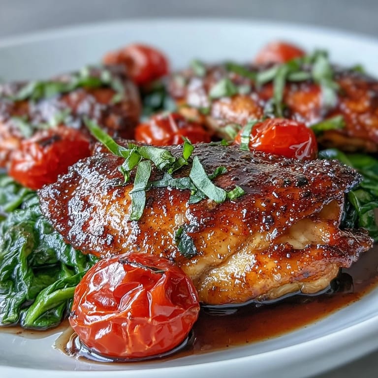 Tender One-Pan Balsamic Chicken with Tomatoes and Spinach garnished with fresh basil, served hot over steamed rice for a wholesome dinner.